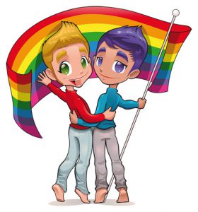 schwules Pärchen unter Regenbogenfahne